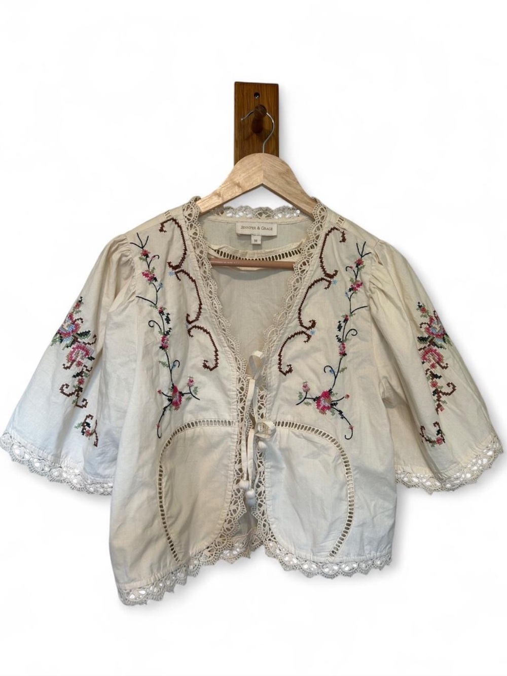 Embroidered Cream Lace-Trim Blouse with Tie Front